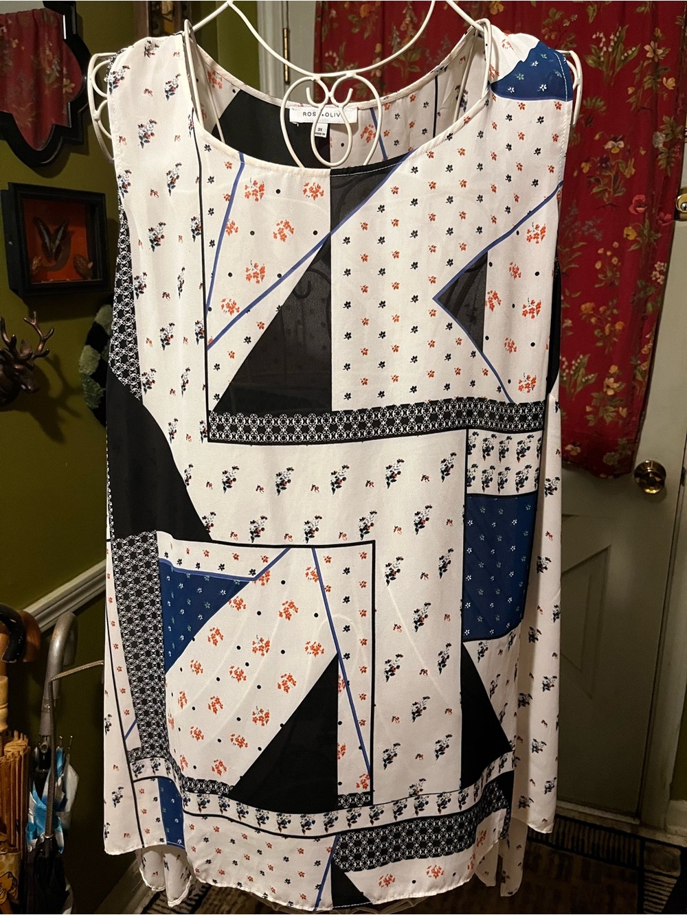 Rose & Olive Ivory Red Navy Black Patchwork Print Sleeveless Blouse Top 3X